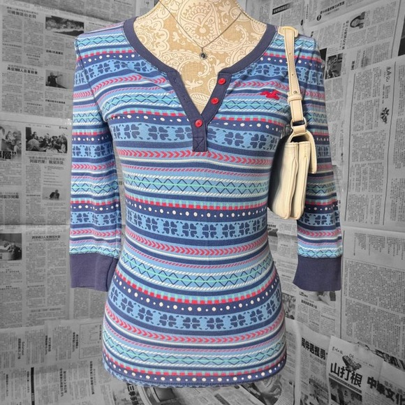 Hollister Fair Isle Henley Thermal Top Long Sleeve Striped Print Size M - Picture 1 of 6